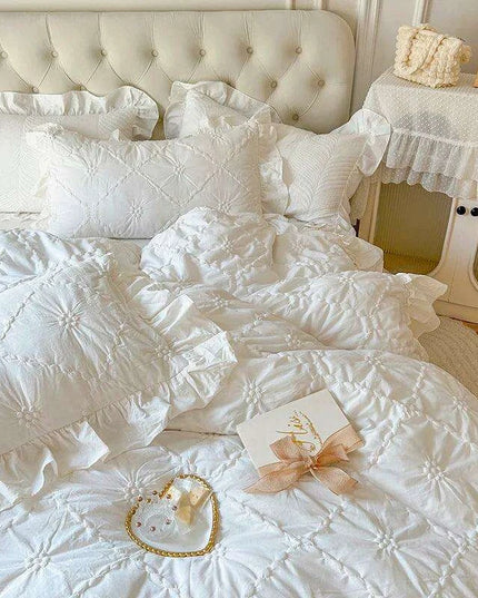 100% Cotton Ruffle Korean Princess Solid White Bedding Sets