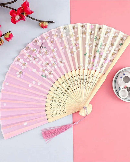 Charming Retro Silk Folding Fan - Exquisite Bamboo Craft for Dance and Home Elegance