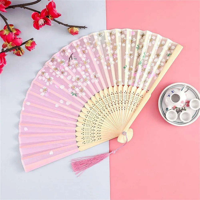 Charming Retro Silk Folding Fan - Exquisite Bamboo Craft for Dance and Home Elegance