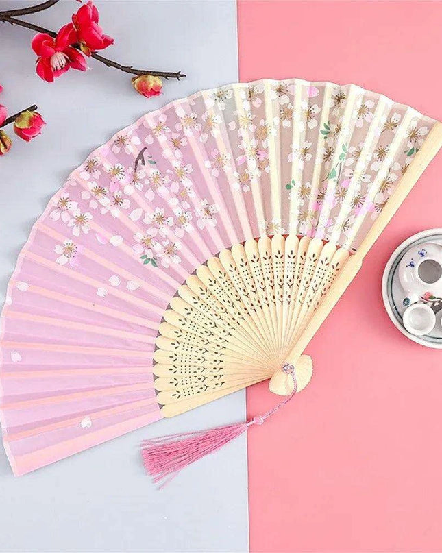 Charming Retro Silk Folding Fan - Exquisite Bamboo Craft for Dance and Home Elegance