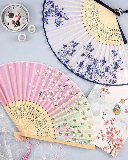Charming Retro Silk Folding Fan - Exquisite Bamboo Craft for Dance and Home Elegance