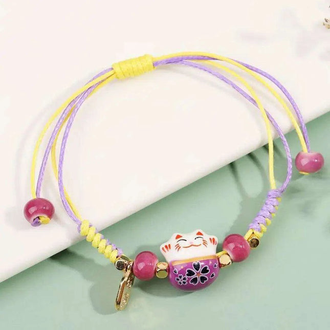 Vibrant Adjustable Lucky Cat Charm Bangles - Playful Rope Bracelets for Women and Girls, Ideal Gift for Prosperity