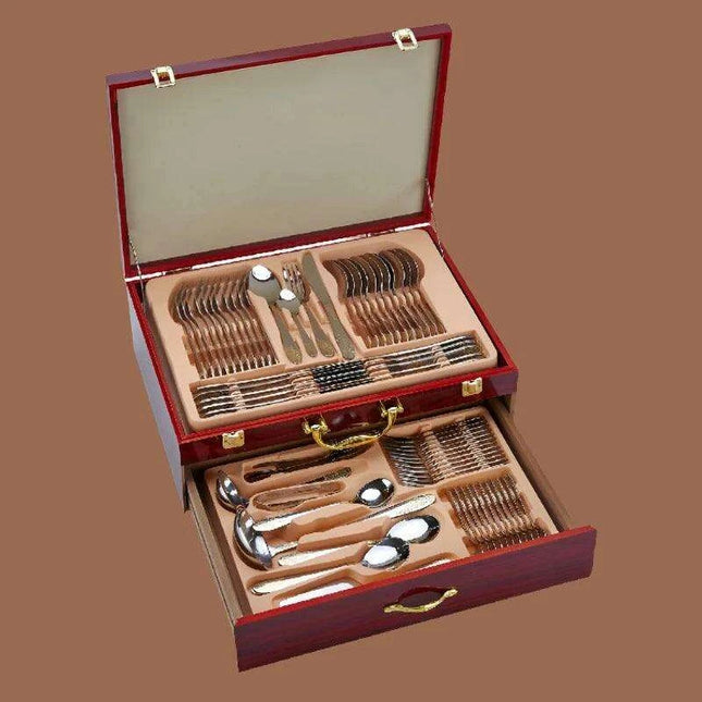 Rustic Elegance 72-Piece Stainless Steel Cutlery Set with Wooden Organizer