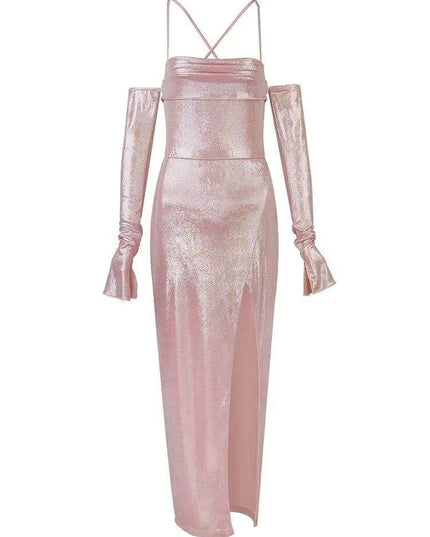 Elegant Lace-Up Midi Bodycon Dress Ensemble with Detachable Gloves