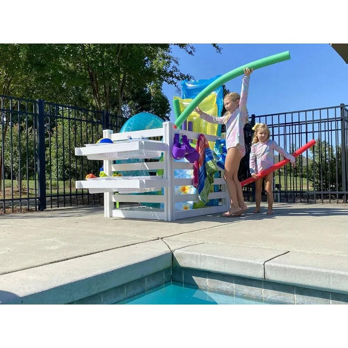 Stylish Waterproof Poolside Storage Chest with Basket Compartments - 36” W X 64“ L X 38” H - Sturdy Deck Box for Optimal Pool Organization