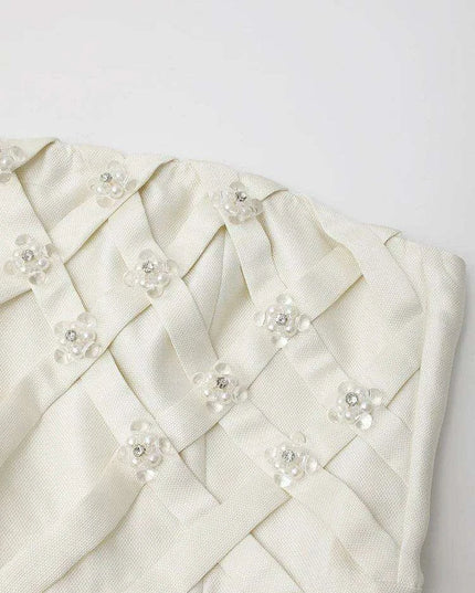 Striking Strapless High-Waisted Evening Gown with Unique Artistic Patchwork