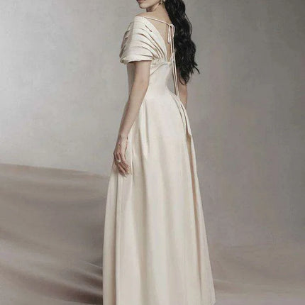Puff Sleeve V-neck Pleated Swing Dress - Sophisticated Evening Party Attire