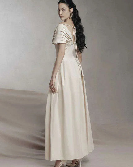 Puff Sleeve V-neck Pleated Swing Dress - Sophisticated Evening Party Attire