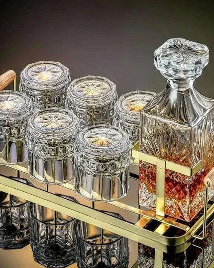 Artisan Crystal Wine and Whiskey Glass Set with Stylish Display Rack