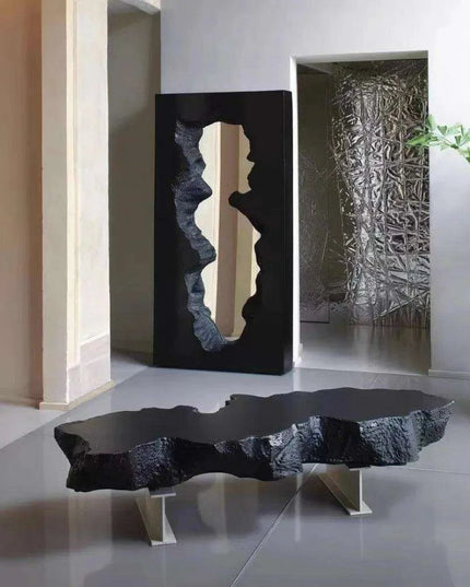 Sophisticated Black Irregular Coffee Table with Theater-Inspired Design - Vintage Breakfast and Living Room Accent Piece