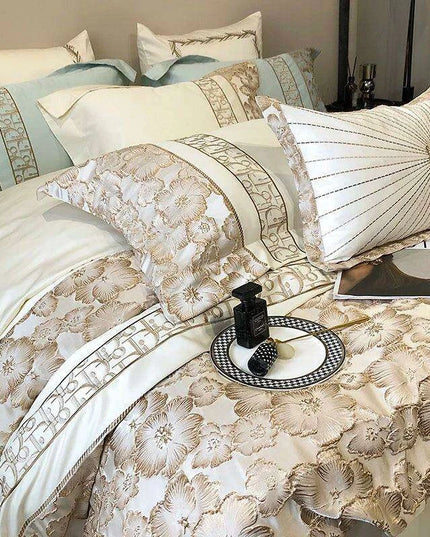 Exquisite Gold Jacquard Floral Duvet Cover Set - 1200TC Egyptian Cotton Bedding with Pillowcases