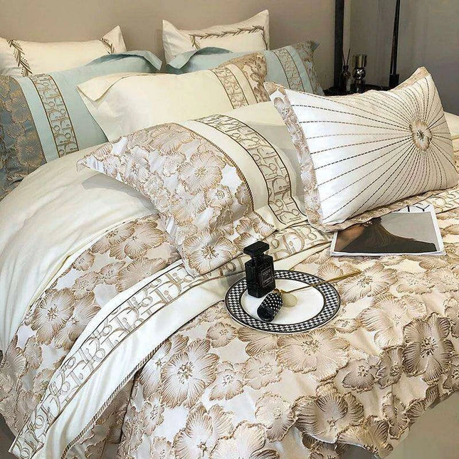 Exquisite Gold Jacquard Floral Duvet Cover Set - 1200TC Egyptian Cotton Bedding with Pillowcases