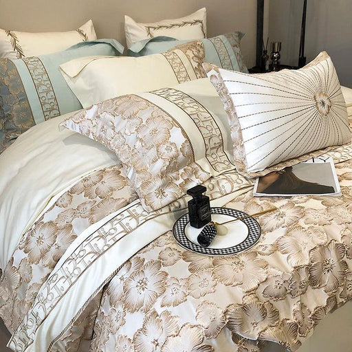 Exquisite Gold Jacquard Floral Duvet Cover Set - 1200TC Egyptian Cotton Bedding with Pillowcases