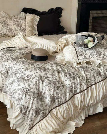 Elegant Beige Floral Ruffled Cotton Bedding Set – 4-Piece Duvet Cover, Sheet, and Pillowcases