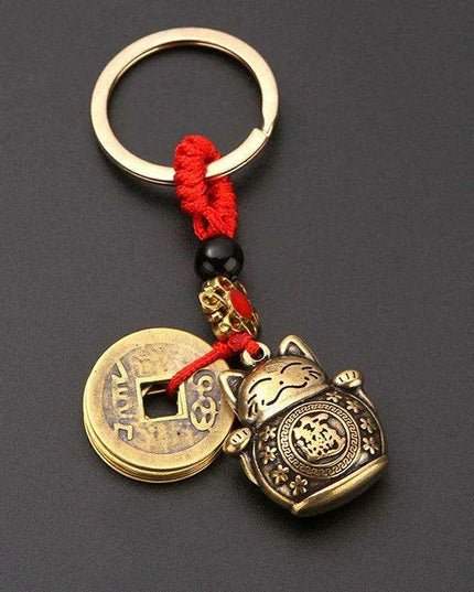 Brass Lucky Cat Keychain with Fortune Coin for Abundant Blessings
