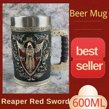 Medieval Angel of Death Skull Stainless Steel Beer Mug - 600ML Unique Horror Design
