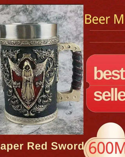 Medieval Angel of Death Skull Stainless Steel Beer Mug - 600ML Unique Horror Design