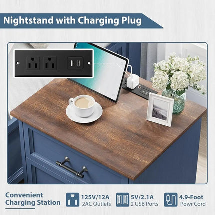 Blue Farmhouse Nightstand with Charging Station — 3-Drawer Bedside End Table, USB & AC Outlets