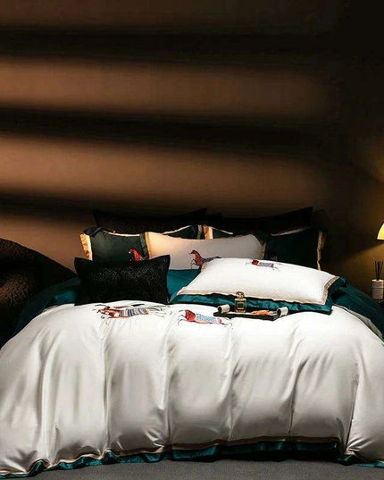 Elegant Galloping Horse Embroidered Egyptian Cotton Bedding Set in White and Orange - Complete Duvet Cover, Bed Sheet, and Pillowcase Collection