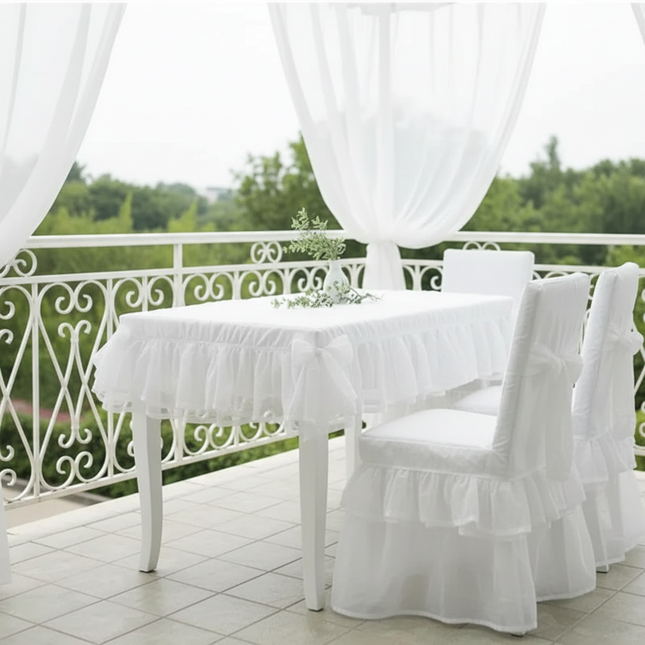 White Lace Skirt Tablecloth & Chair Cover — 100% Cotton, Custom Size, Wedding