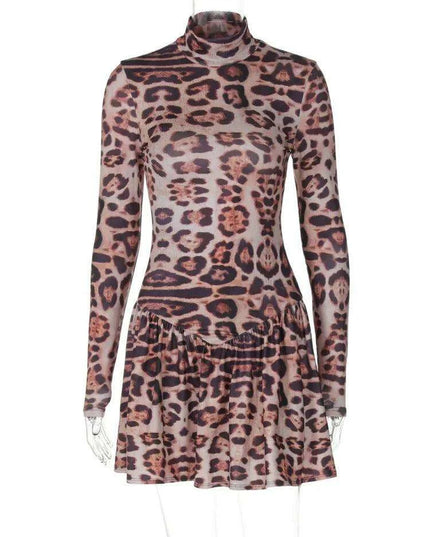 Sleek Leopard Print Bodycon Mini Dress with Turtleneck for Women