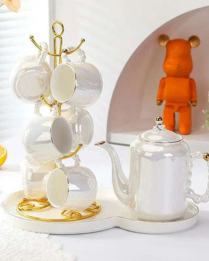 Sophisticated Pearl Ceramic Tea and Beverage Serving Collection with Coffee Pot and Cups