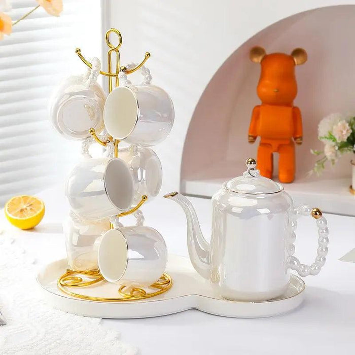 Sophisticated Pearl Ceramic Tea and Beverage Serving Collection with Coffee Pot and Cups