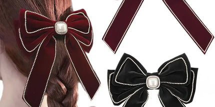 AN NA Red Velvet Bow Hair Clip with Rhinestone & Tassel, Korean Style