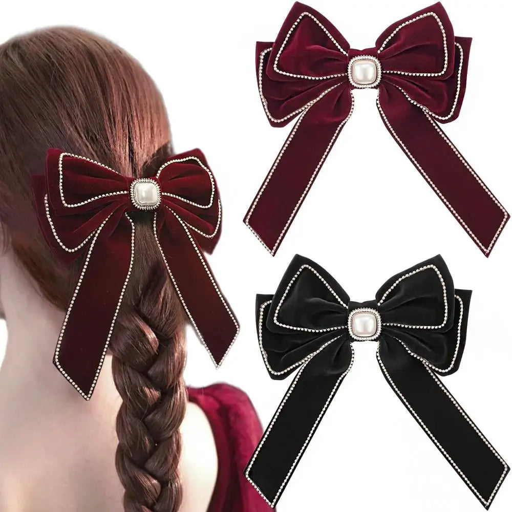 AN NA Red Velvet Bow Hair Clip with Rhinestone & Tassel, Korean Style