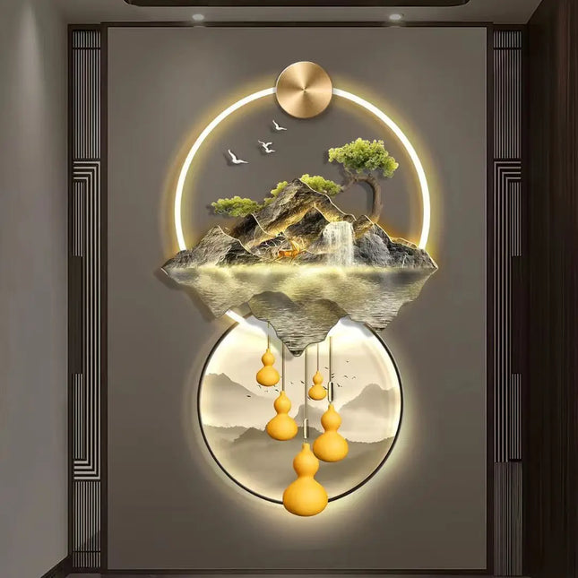 Flowing Water Wealth Illuminated Entrance Mural with Light