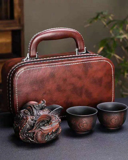 Portable Purple Dragon Outdoor Tea Set with Artisan Teapot and Two Travel Mugs - 250ml Edition