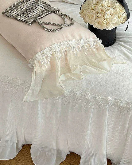 French Lace Ruffle Bedding Set with Velvet Duvet Cover and Floral Embroidery - 4-Piece Ensemble