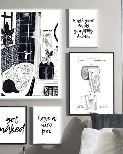 Whimsical Nordic Elegance: Humorous Wall Art for the Modern Bathroom