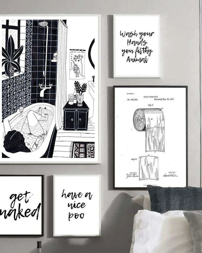 Whimsical Nordic Elegance: Humorous Wall Art for the Modern Bathroom