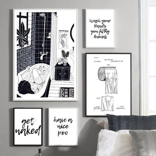 Whimsical Nordic Elegance: Humorous Wall Art for the Modern Bathroom