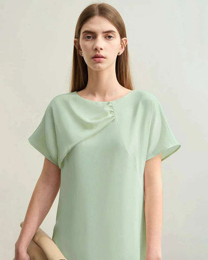 Asymmetrical Summer Chiffon Dress with Pleated Neckline and Breezy Short Sleeves