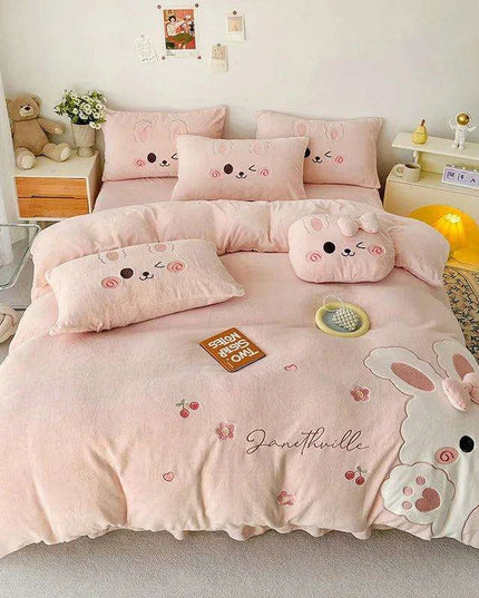 Charming Pink Bunny Applique Fleece Bedding Set - Duvet Cover, Fitted Sheet, Bed Skirt & Pillowcases