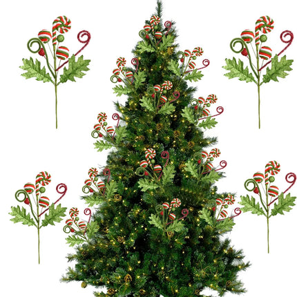 Candy-Themed Christmas Pick with Glitter Leaves & Spiral Accents, 1 Piece
