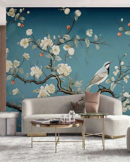 Elegant Hand-Painted Asian Mural Wallpaper Featuring Birds and Blossoms - Customizable Home Decor Art
