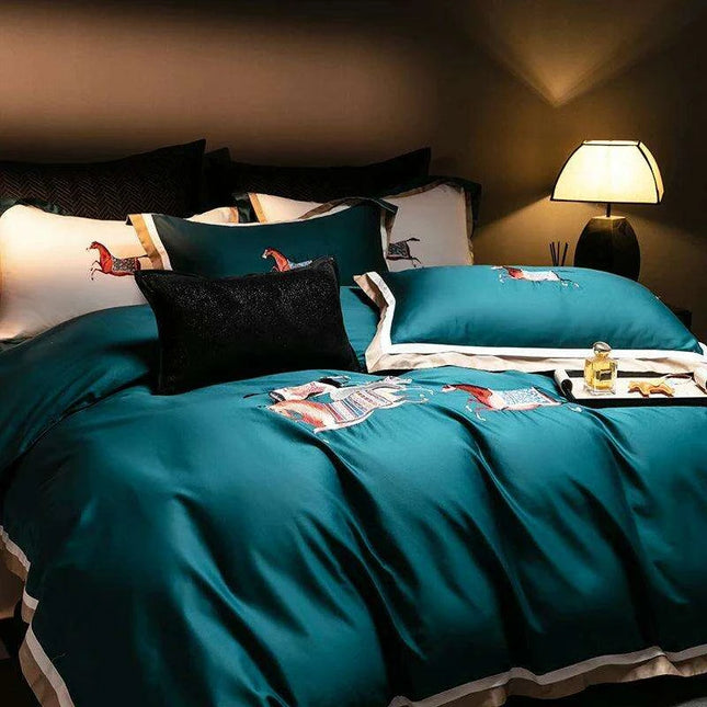Elegant Galloping Horse Embroidered Egyptian Cotton Bedding Set in White and Orange - Complete Duvet Cover, Bed Sheet, and Pillowcase Collection