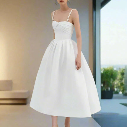 V-neck Pleated Solid Color High Waist Evening Dress for Women