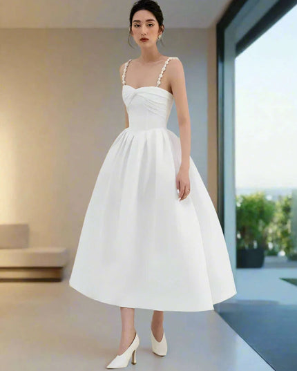 V-neck Pleated Solid Color High Waist Evening Dress for Women