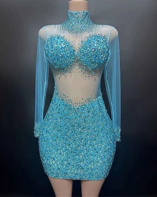 Elegant Sky Blue Sheer Evening Dress with Radiant Diamond Accents