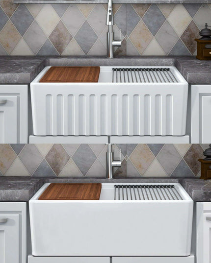 Chic Farmhouse Kitchen Sink Ensemble with Essential Accessories - Includes Cutting Board, Grid & Strainer