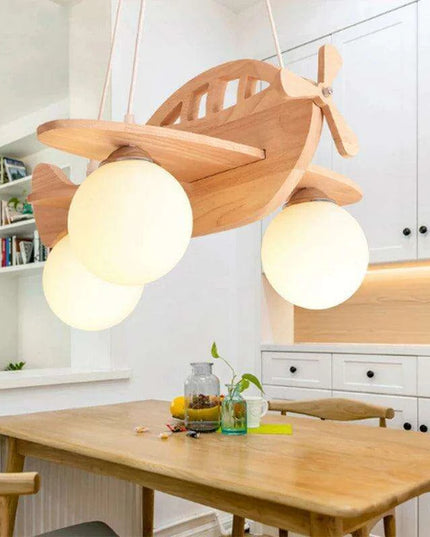 Whimsical Airplane LED Chandelier for Kids' Rooms - Playful Wooden Pendant Light