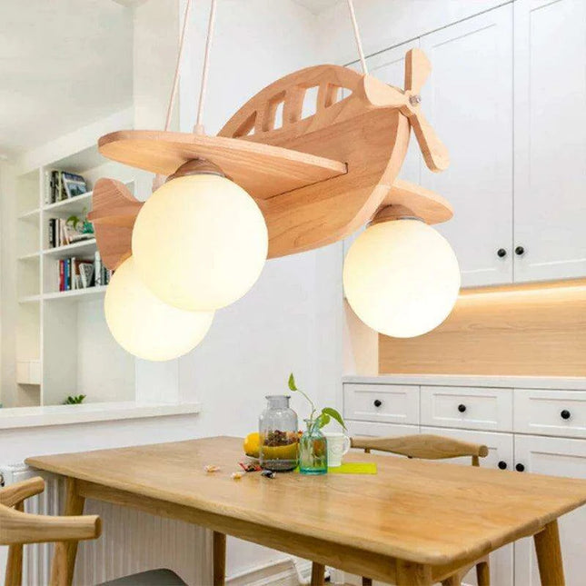 Whimsical Airplane LED Chandelier for Kids' Rooms - Playful Wooden Pendant Light