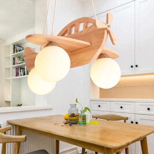 Wooden Airplane Hanging Light Fixture for Children's Room - LED Pendant Lamp