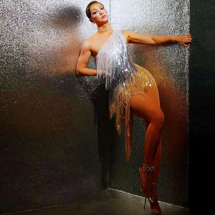 Golden Elegance: One-Shoulder Fringe Latin Dance Dress