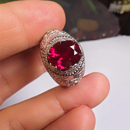 S925 pure silver laboratory-grown ruby 5CT oval vintage pattern wedding men's ring, custom-made with diamond. Jewelry. s925-pure-silver-laboratory-grown-ruby-5ct-oval-vintage-pattern-wedding-mens-ring-custom-made-with-diamond-jewelry