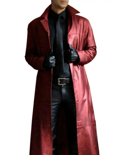 Men's Stylish Gothic Black Faux Leather Long Coat - Chic Winter Essential with Lapel Detailing
